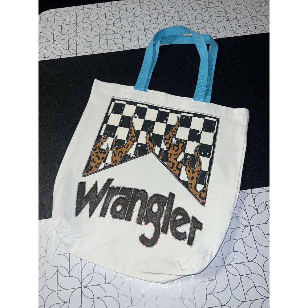 Wrangler Canvas Tote Bag White Blue‎ Rhinestone Leopard Flame Graphic Checkered
